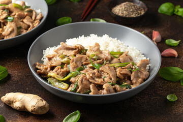 Chinese stir fry pork with ginger sauce, garlic and spring onion. Asian food