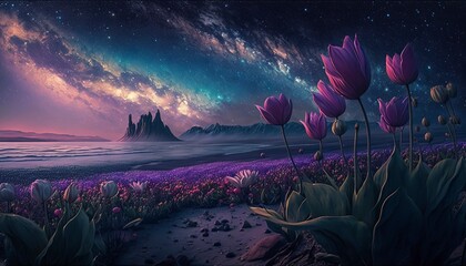 Fototapeta na wymiar a field full of purple tulips landscape ai generated