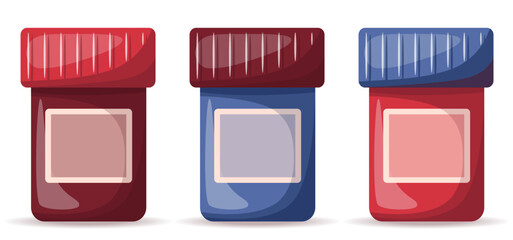 Set of medicine plastic containers. Medicine, pharmacy and healthcare concept. Isolated vector illustration for flyer, poster, banner.