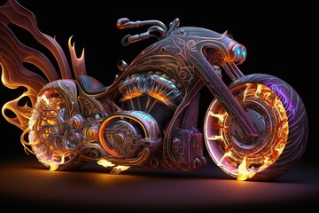 Amidst flames and bolts of lightning, the chopper roars with unbridled intensity. The rider's wild spirit fuels the machine's reckless charge, carving asphalt with unrelenting passion, generative ai