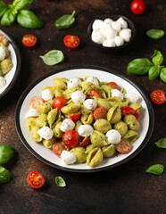 Pesto Pasta Salad with Cherry Tomatoes and Mozzarella cheese. Healthy food.
