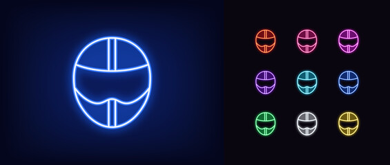 Outline neon racing helmet icon set. Glowing neon biker or driver helmet sign, moto racer and racing car pilot pictogram. Racing track, speed drive, motorsport, head protection.