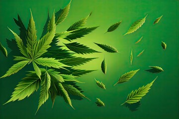 Cannabis or Marijuana background. Realistic illustration of the plant in top view on white background. Cannabis Green abstract background. Generative Ai.