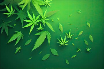 Cannabis or Marijuana background. Realistic illustration of the plant in top view on white background. Cannabis Green abstract background. Generative Ai.