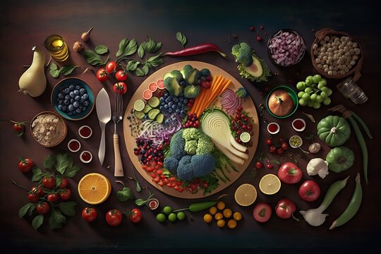 A Table Full of Healthy Vegetarian Food, placed in a beautiful and fancy way, showing delicious fruits and leafs, with a lot of vitamine and nutritive components, generative ai