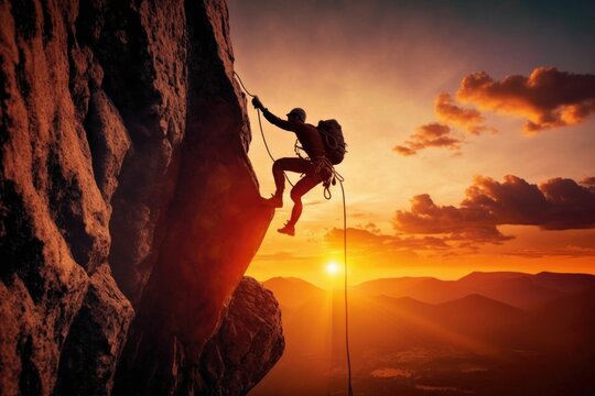 Climbing To New Heights: A Thrilling Sunset Ascent On A Rocky Mountain Wall