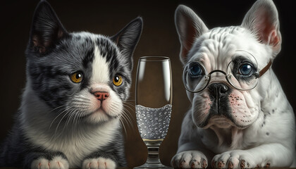 cute dog and cat with glass.Generative AI.