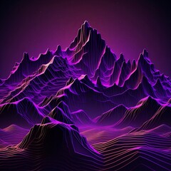 Cyberpunk theme Background, abstract virtual reality violet background, and cyberspace landscape with unreal mountains. Neon wireframe terrain