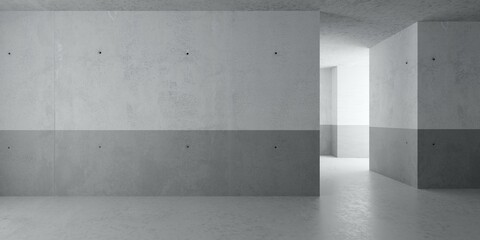 Abstract large, empty, modern concrete room, half painted walls, hallway to side room and concrete rough floor - industrial interior background template