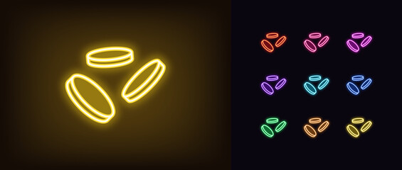Outline neon coins fly icon set. Glowing neon falling coins sign, golden money drop pictogram. Flying gold coins, cryptocurrency and altcoins, currency and credits, jackpot and prize. - obrazy, fototapety, plakaty