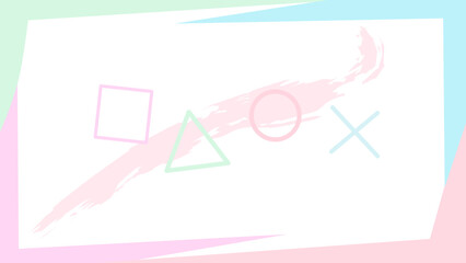 white abstract background for game illustration (template), with pink square, green triangle, red circle, blue X cross, and pink paint stroke