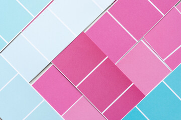 abstract background with layered paper stripes and grid pattern in pink and blue