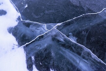 Close up of deep cracks in the ice sheet of lake  frozen lake Torneträsk (Tornestrask) around Abisko National Park (Abisko nationalpark). Sweden, Arctic Circle, Swedish Lapland