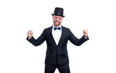 happy partygoer showman isolated on white background. showman partygoer wear party glasses.