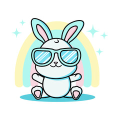 Cute rabbit with sunglasses kawaii style and rainbow behind isolated background 
