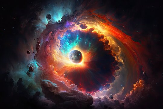 of a colorful nebula on a solar system background. Generative AI