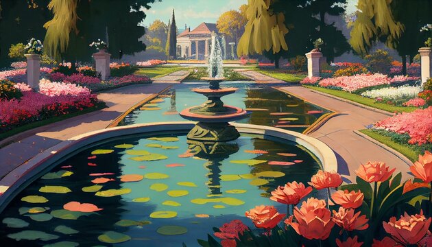 A colorful, bustling city park with fountains, ponds, and flowers. Generative AI
