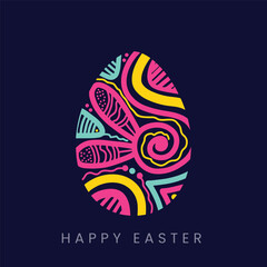 Fototapeta premium Easter eggs doddle art style Vector Illustration. Happy easter logo with a colorful egg on a dark background.