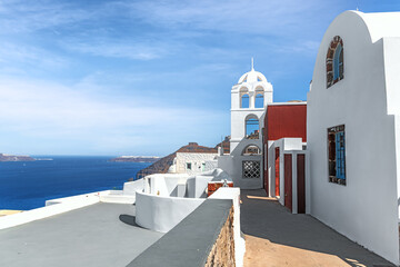 Traditional Greek architecture, white church in the city of Thira on the island of Santorini....