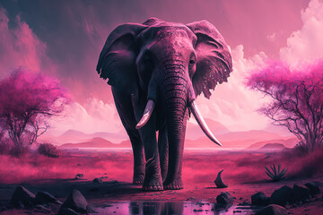 Bright pink illustration of African elephant, Generative Ai