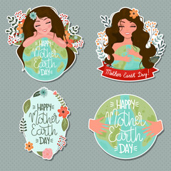 Mother earth as ecological ecological and green planet. Protection and protection of the earth. Ecosystem climate awareness. Stickers set.