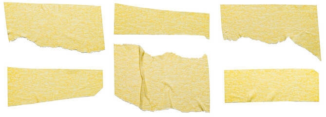 Collection Set Bundle of isolated cut out and ripped adhesive yellow tape strips or labels with texture and rough edges