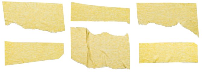 Collection Set Bundle of isolated cut out and ripped adhesive yellow tape strips or labels with texture and rough edges