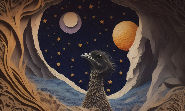 Paper application of a bird in an alien outer space. created with the help of artificial intelligence, the technology of our future. Generative AI.