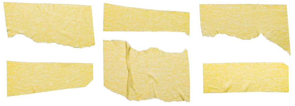 Collection Set Bundle of isolated cut out and ripped adhesive yellow tape strips or labels with texture and rough edges