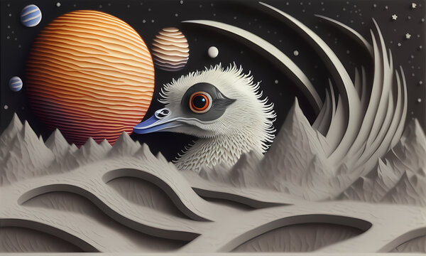 Paper application of a bird in an alien outer space. created with the help of artificial intelligence, the technology of our future. Generative AI.