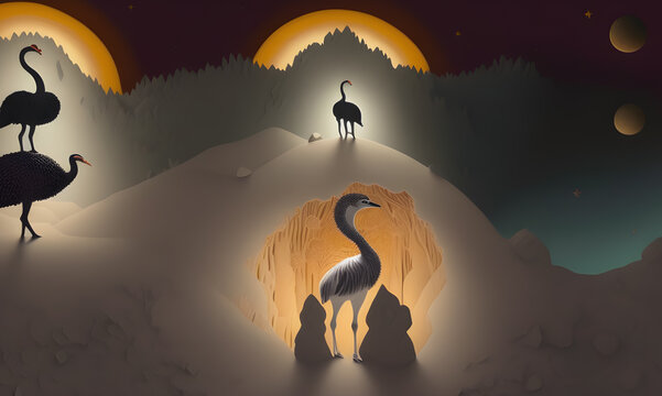 Paper application of a bird in an alien outer space. created with the help of artificial intelligence, the technology of our future. Generative AI.