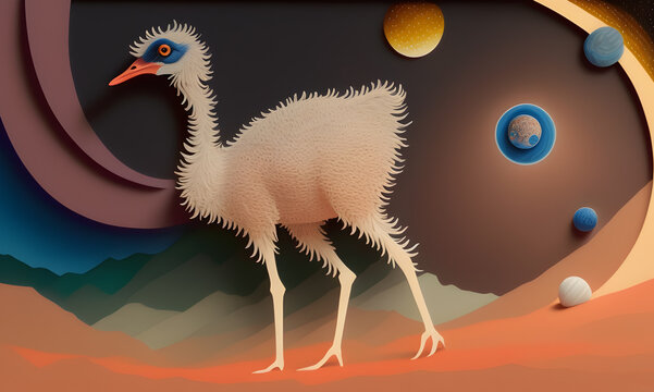 Paper application of a bird in an alien outer space. created with the help of artificial intelligence, the technology of our future. Generative AI.