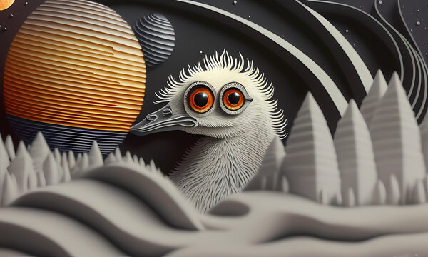 Paper application of a bird in an alien outer space. created with the help of artificial intelligence, the technology of our future. Generative AI.
