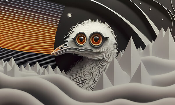 Paper application of a bird in an alien outer space. created with the help of artificial intelligence, the technology of our future. Generative AI.
