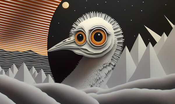 Paper application of a bird in an alien outer space. created with the help of artificial intelligence, the technology of our future. Generative AI.