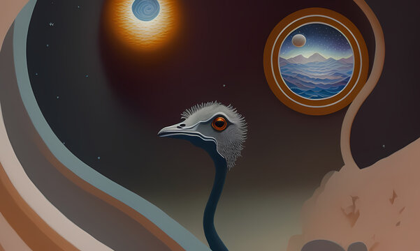 Paper application of a bird in an alien outer space. created with the help of artificial intelligence, the technology of our future. Generative AI.