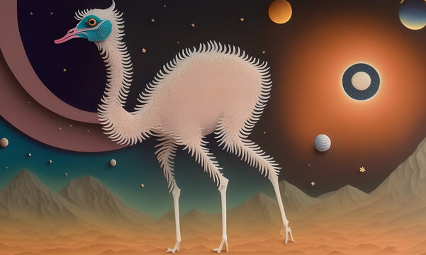 Paper application of a bird in an alien outer space. created with the help of artificial intelligence, the technology of our future. Generative AI.