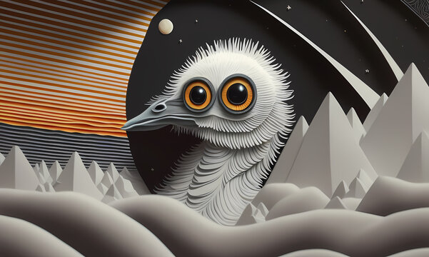 Paper application of a bird in an alien outer space. created with the help of artificial intelligence, the technology of our future. Generative AI.