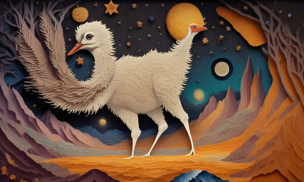 Paper application of a bird in an alien outer space. created with the help of artificial intelligence, the technology of our future. Generative AI.