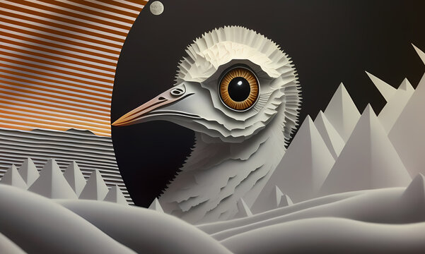 Paper application of a bird in an alien outer space. created with the help of artificial intelligence, the technology of our future. Generative AI.