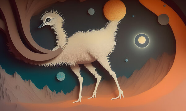 Paper application of a bird in an alien outer space. created with the help of artificial intelligence, the technology of our future. Generative AI.