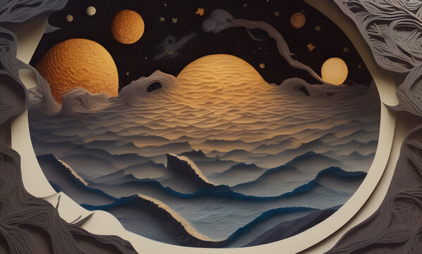 Paper application in an alien outer space. created with the help of artificial intelligence, the technology of our future. Generative AI.
