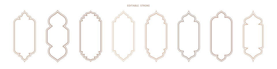 Islamic vector shape of a window or door arch. Arab frame set. Ramadan kareem editable outline icon. Mosque gate. Islamic arabesque pattern. Arabian muslim shape arch