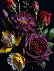 bouquet of colorful flowers on a dark background creating a dramatic contrast. Spring concept. ia generated