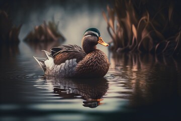 Fototapeta premium Duck swimming on a lake, reeds in the background. Generative AI.