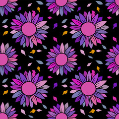 Fototapeta na wymiar Purple flowers seamless pattern on black background.