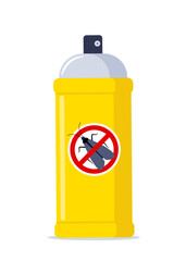 Repellent spray in the yellow bottle. Protection from the moth and other insect. Aerosol for bug bite prevention. Black moth silhouette crossed in red circle. Vector illustration.