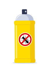 Repellent spray in the yellow bottle. Protection from the ant and other insect. Aerosol for bug bite prevention. Black ant silhouette crossed in red circle. Vector illustration.