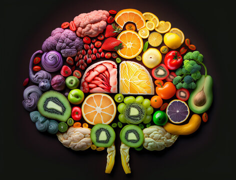 Top view of human brain shaped fruit slices and vegetables. Nutritions for brain health.