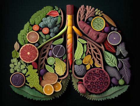 Top view of human lungs shaped fruit slices and vegetables. Nutritions for pulmonary health.